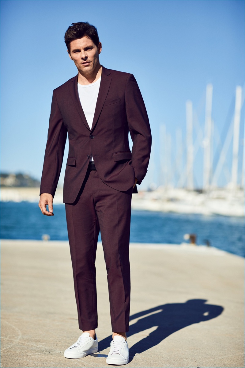Donning a dark red suit $995, James Marsden appears in BOSS' latest advertising.