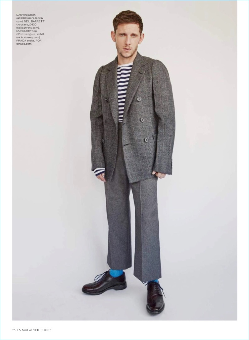 Starring in a photo shoot for ES magazine, Jamie Bell wears a Lanvin jacket with Neil Barrett trousers. He also sports a striped Burberry top and dress shoes.