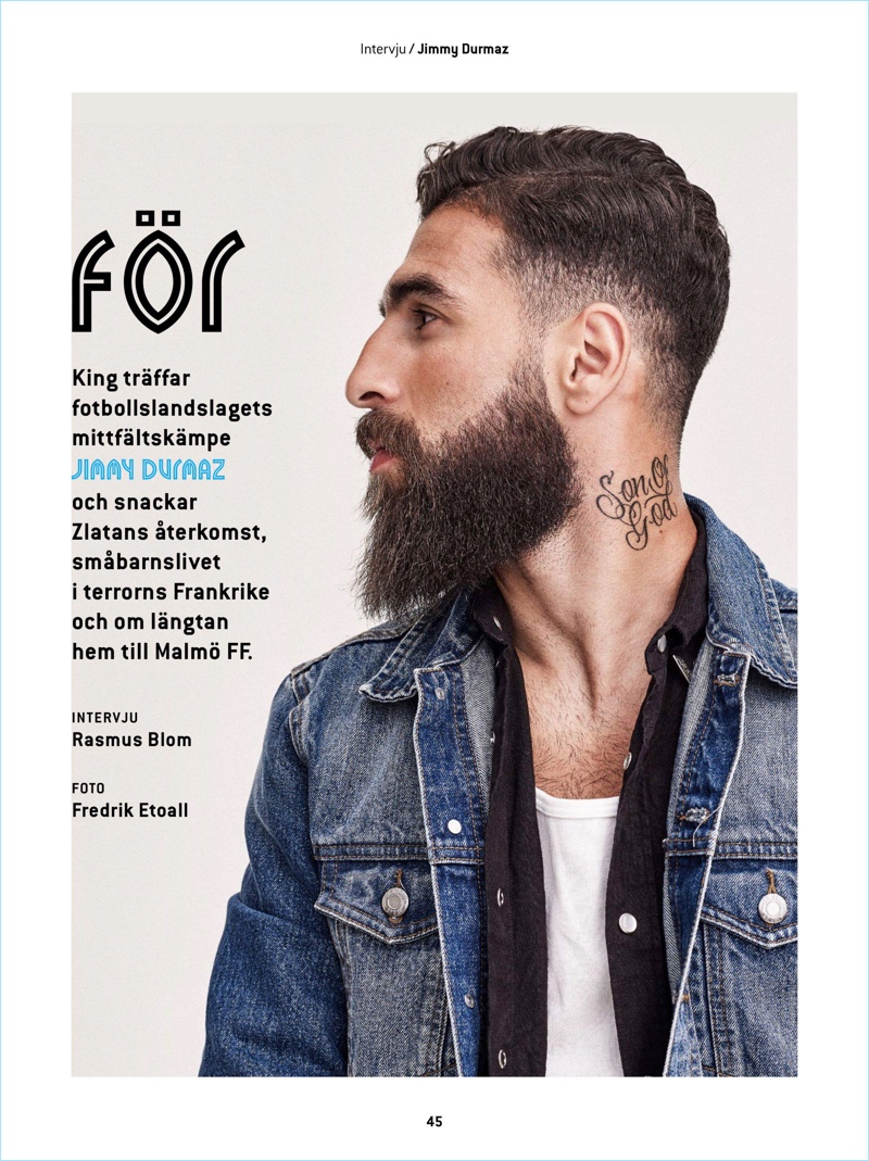 Gracing the pages of King magazine, Jimmy Durmaz wears a Dr. Denim shirt and jean jacket.