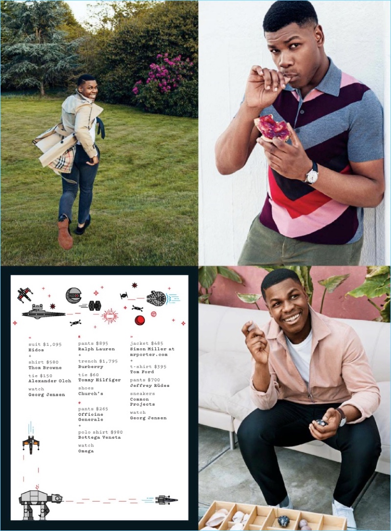 Starring in a GQ photo shoot, John Boyega wears fashions from brands like Burberry and Ralph Lauren.