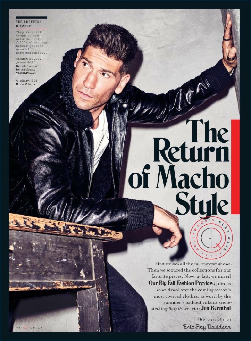 Jon Bernthal wears a Saint Laurent leather jacket and jeans with a Hiro Clark t-shirt.