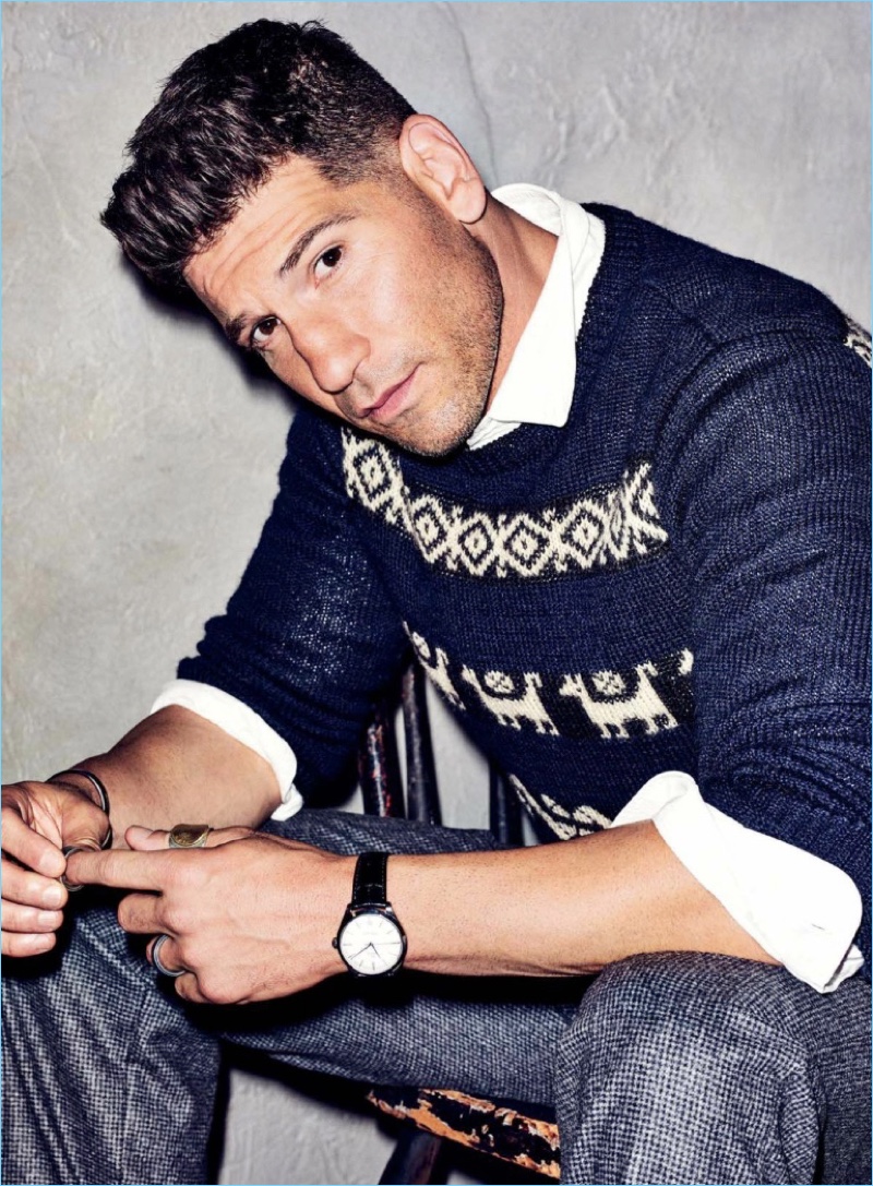 Ready for his close-up, Jon Bernthal wears a Dries Van Noten sweater with a J.Crew shirt and BOSS pants.