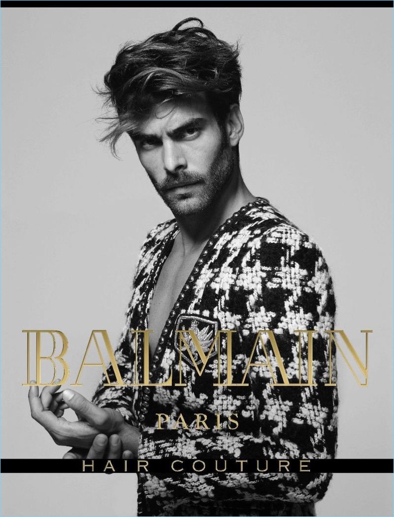 Jon Kortajarena reunites with Balmain Paris Hair Couture for its fall-winter 2017 campaign.