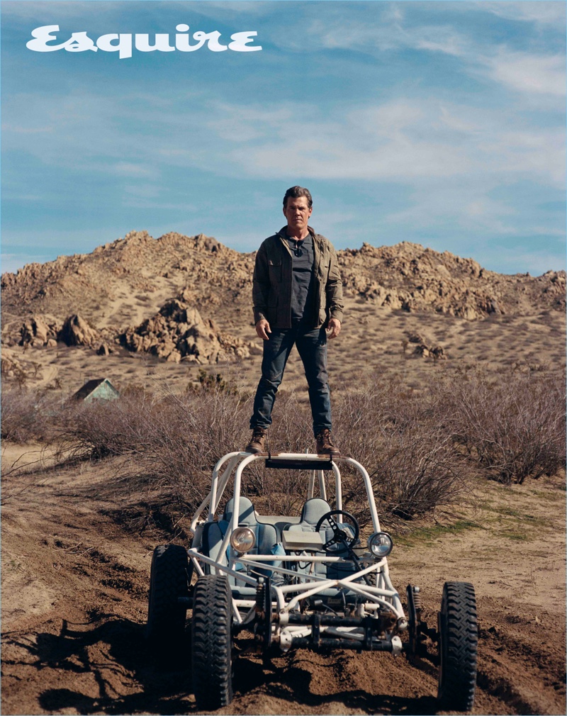 Connecting with Esquire, Josh Brolin sports a Belstaff jacket with a Unis t-shirt. He also wears Fabric Brand & Co. jeans with Red Wing boots.