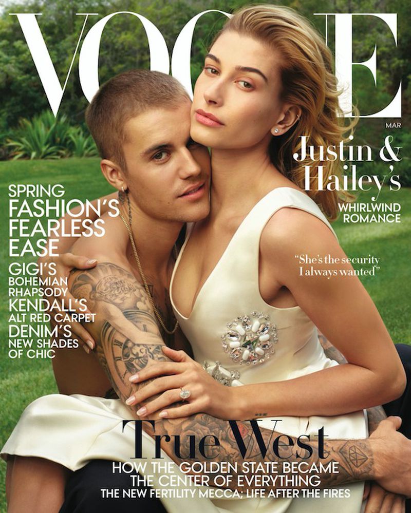 Justin Bieber and Hailey Baldwin cover the March 2019 issue of Vogue.