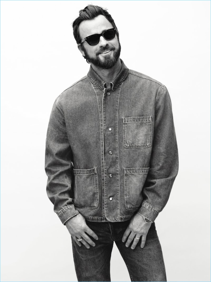 Doubling down on denim, Justin Theroux wears an Our Legacy denim jacket with Dries Van Noten denim jeans and Tom Ford sunglasses.