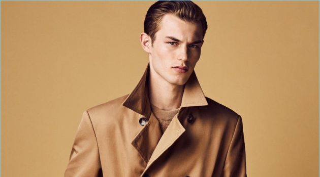 Camel's Back: Kit Butler Wears Rich Fall Hues for Harrods Magazine BRIONI coat £1,950, sweater £590 and trousers £450