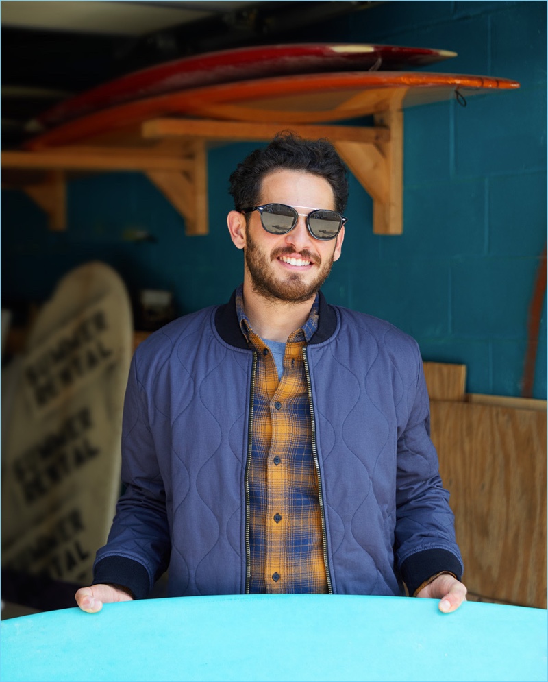 Add & Subtract: Layer the staples with a Levi's Made & Crafted quilted bomber jacket $298. East Dane styles it with a Levi's Red Tab worker shirt $70 and striped tee $35. Complete the look with Ray-Ban sunglasses $195.