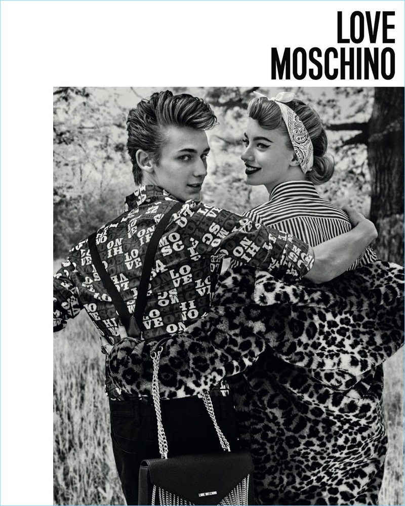 Models Kristian Einla and Giulia Maenza couple up for Love Moschino's fall-winter 2017 campaign.