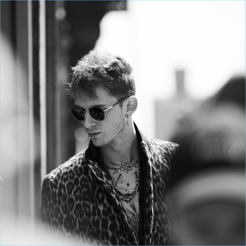 Rapper Machine Gun Kelly poses for John Varvatos' fall-winter 2017 campaign.