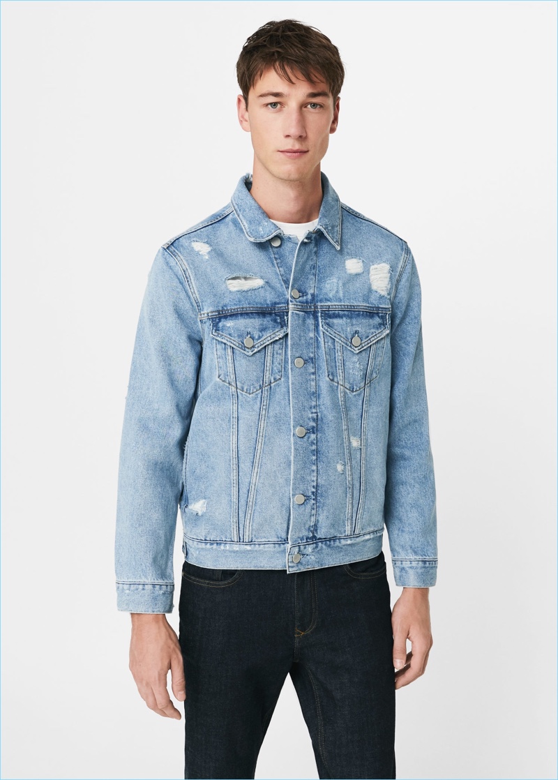 Mango Man Decorative Rip Denim Jacket