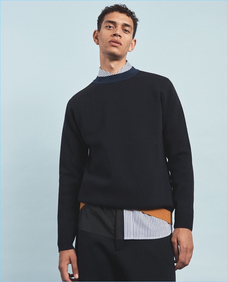 Play it smart with this color block sweater from Marni. Take a style note from Matches Fashion and embrace Marni's striped shirt and cropped trousers as well.