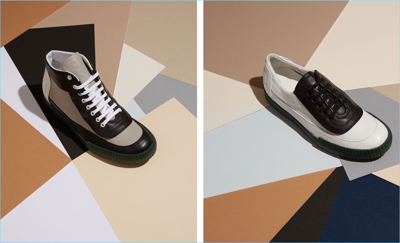 Marni boasts a sleek but graphic appeal with its shoes. Left to Right: Marni contrast-heel leather high-top sneakers and contrast-sole low-top sneakers.