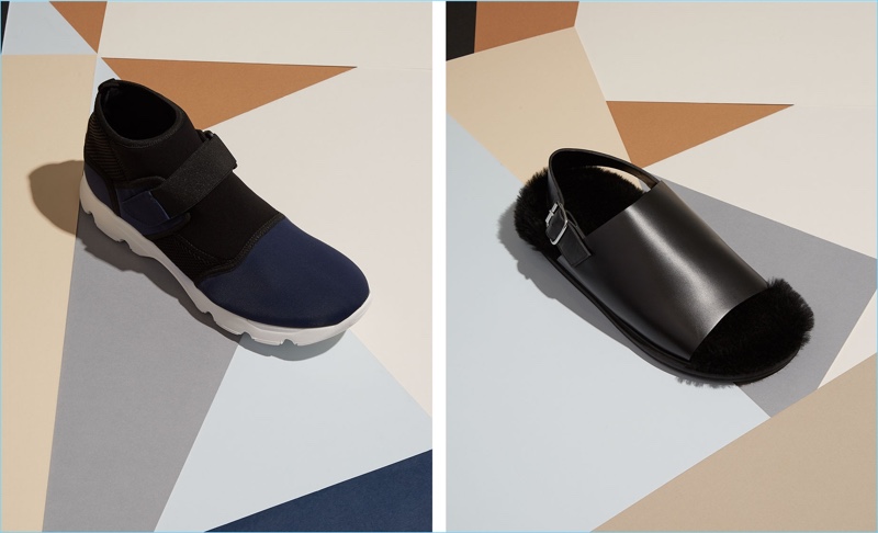Left: Sporty style reigns with Marni's high-top neoprene sneakers. Right: Fashion brand Marni goes quirky with its shearling lined leather sandals.