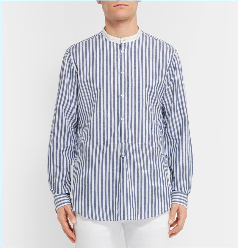 Massimo Alba Kos Grandad Collar Striped Linen And Cotton Blend Shirt