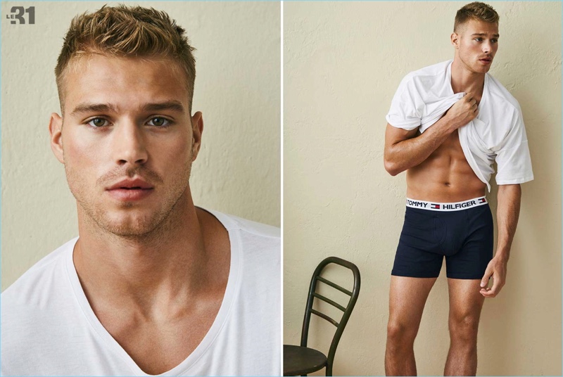 Flashing his six-pack, Matthew Noszka shows off the latest underwear by Tommy Hilfiger.