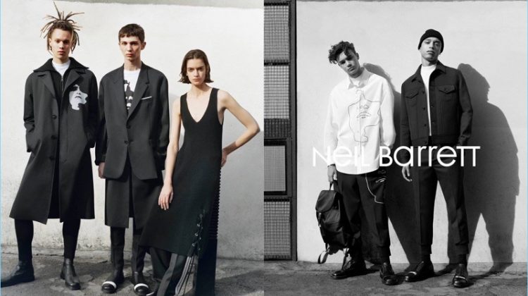 William Allen, Willow Barrett, Celine Delaugère, Alfie Harris, and Tyler Wright appear in Neil Barrett's fall-winter 2017 campaign.