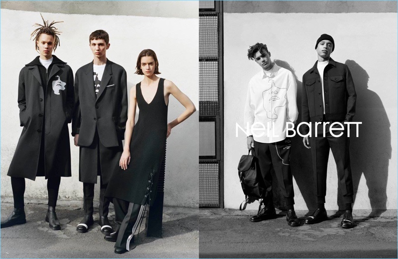 William Allen, Willow Barrett, Celine Delaugère, Alfie Harris, and Tyler Wright appear in Neil Barrett's fall-winter 2017 campaign.