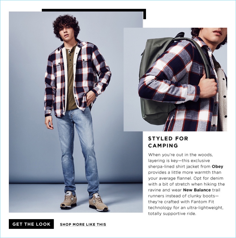 Bloomingdale's channels style for the avid camper with an Obey shirt jacket. The check top complements J Brand jeans, New Balance sneakers, and a Herschel Supply Co. backpack.