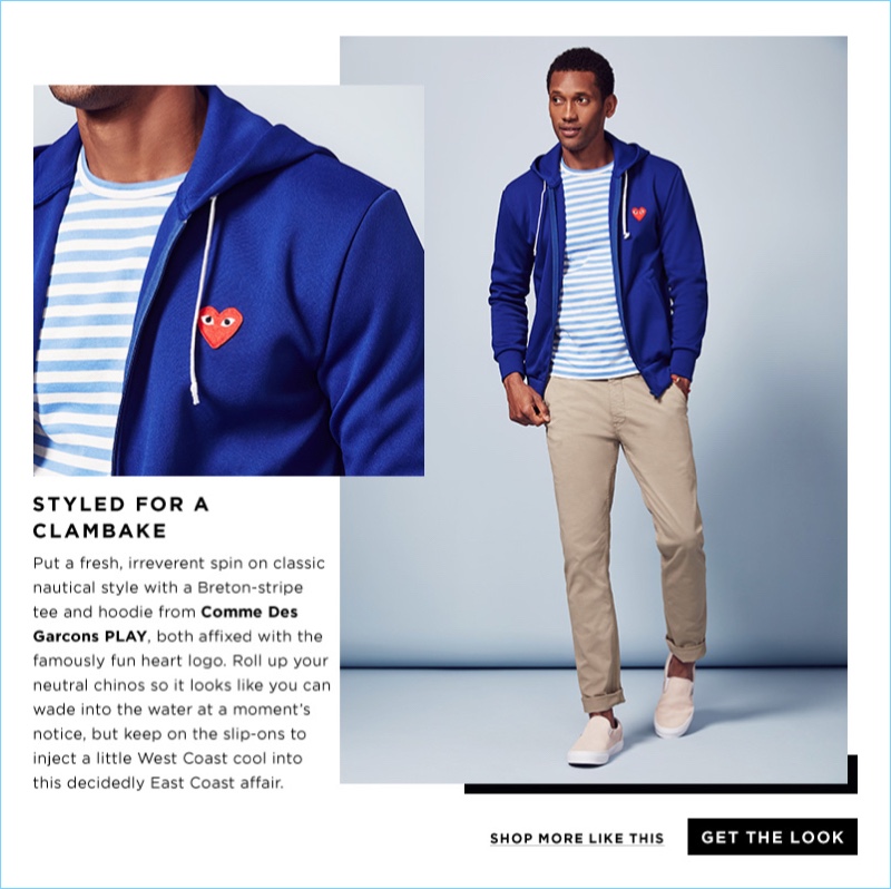 Playfully casual, this look begins with a vibrant blue heart logo hoodie by Comme des Garçons PLAY. It also includes the brand's striped logo tee with NN07 slim-fit chinos and Vans classic suede slip-on sneakers.