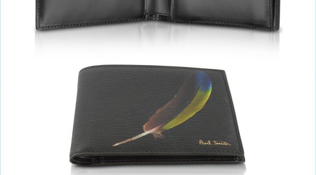 Paul Smith Black Feather Print Textured Leather Men's Billfold Wallet Coin Pocket