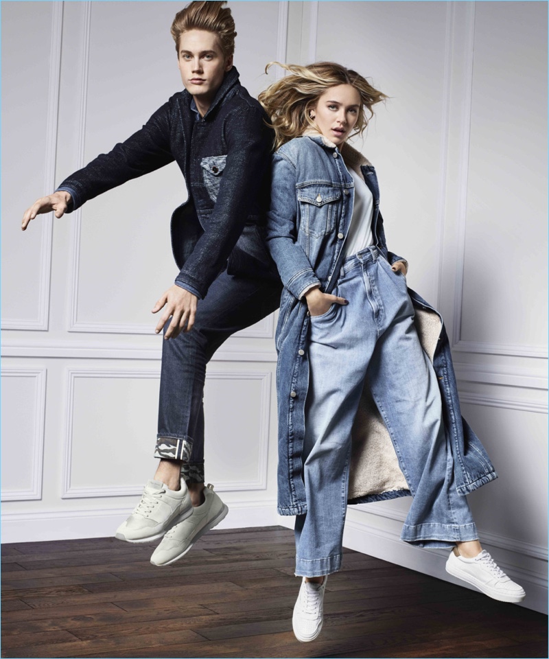Neels Visser and Delilah Belle Hamlin rock denim styles for Pepe Jeans' fall-winter 2017 campaign.