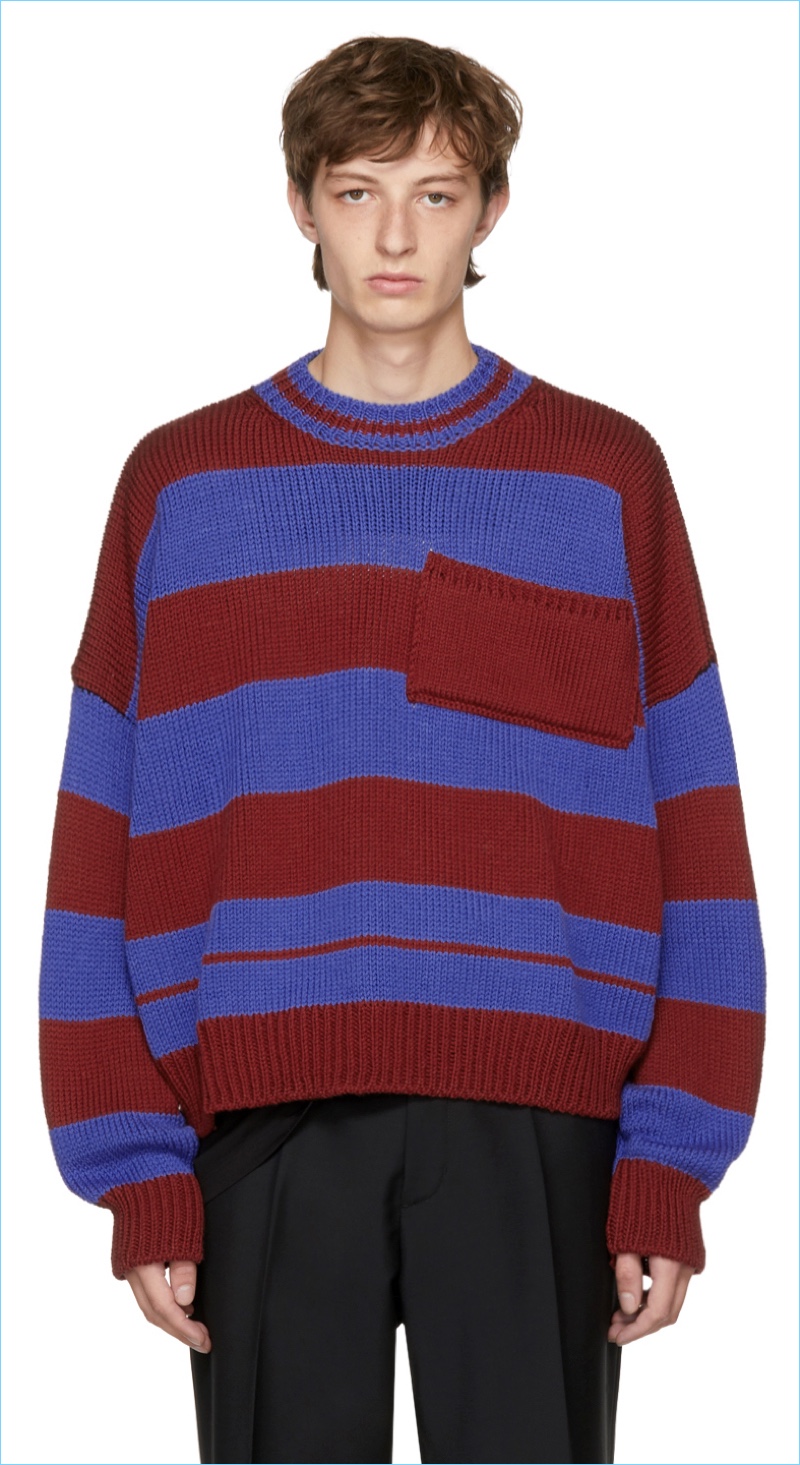 Raf Simons Red and Blue Disturbed Striped Sweater