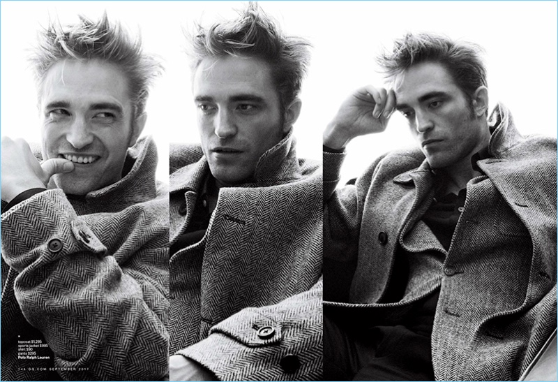 Appearing in a black and white image, Robert Pattinson wears a look from POLO Ralph Lauren.