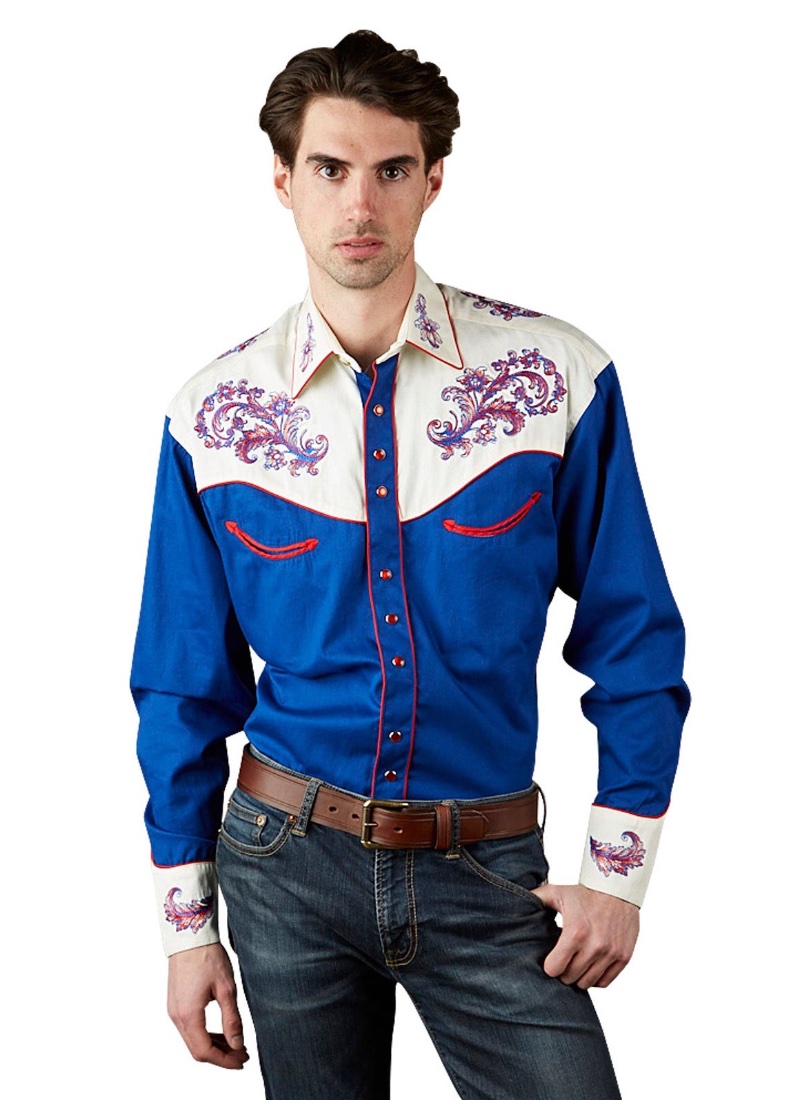 Rockmount Ranch Wear Vintage 2-Tone Royal Blue White Western Shirt Floral Embroidery » Western Shirts: From Rodeos to the Catwalk Rockmount Ranch Wear Vintage 2-Tone Royal Blue White Western Shirt Floral Embroidery