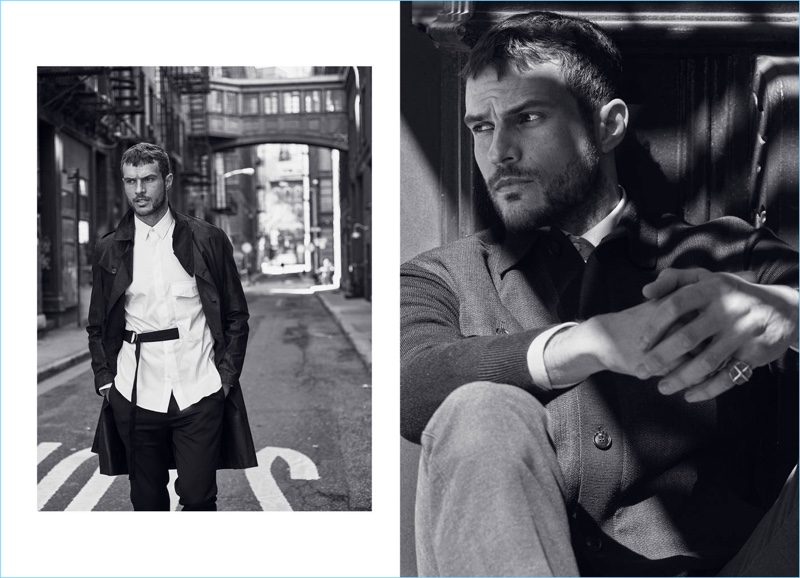 Left: Ryan Cooper wears an Emporio Armani coat with a Ports 1961 shirt and Neil Barrett pants. Right: Cooper sports an Ermenegildo Zegna cardigan with a Tom Ford shirt. He wears Brunello Cucinelli trousers.