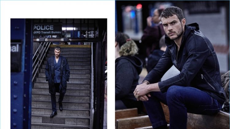 Left: Coming out of the subway, Ryan Cooper wears Ports 1961. Right: Waiting for the train, Cooper dons an Emporio Armani jacket with Ports 1961 jeans and Ermenegildo Zegna sneakers.