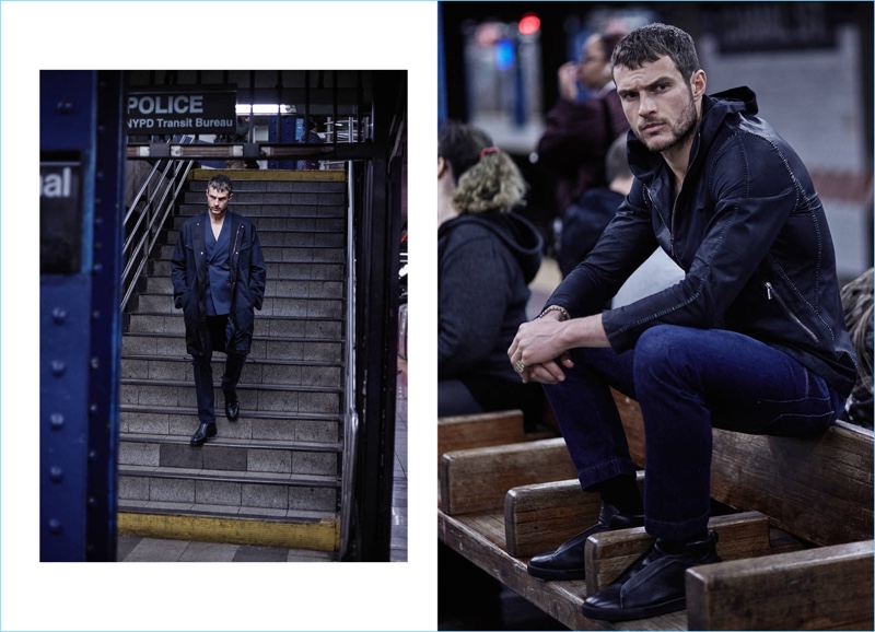 Left: Coming out of the subway, Ryan Cooper wears Ports 1961. Right: Waiting for the train, Cooper dons an Emporio Armani jacket with Ports 1961 jeans and Ermenegildo Zegna sneakers.