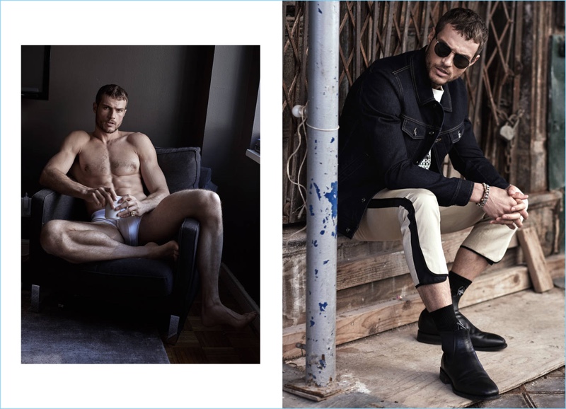 Left: Relaxing in his underwear, Ryan Cooper wears Emporio Armani. Right: A cool vision, Cooper rocks Ports 1961 fashions with Ralph Lauren sunglasses.