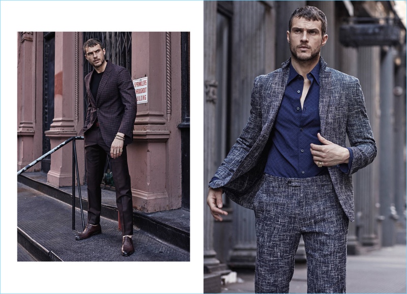 Left: Suiting up, Ryan Cooper wears Ermenegildo Zegna tailoring with a Dsquared2 t-shirt and Calzoleria Toscana oxford shoes. Right: Cooper has a suave style moment in a Canali suit and Ermenegildo Zegna shirt.