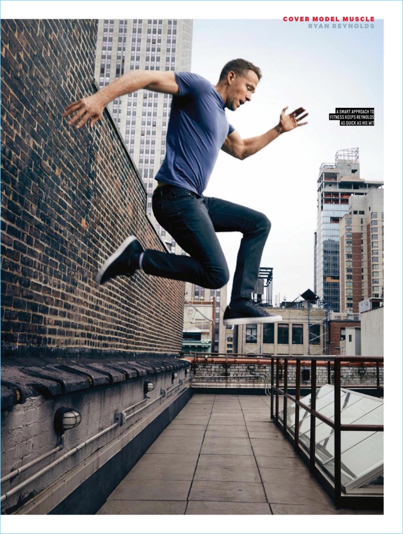Leaping into action, Ryan Reynolds appears in a photo shoot for Men's Health UK.