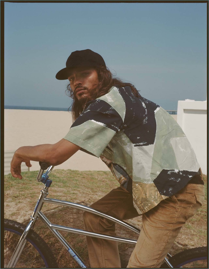 Skater Steven Cox sports a fall-winter 2017 look from Prada for SSENSE.