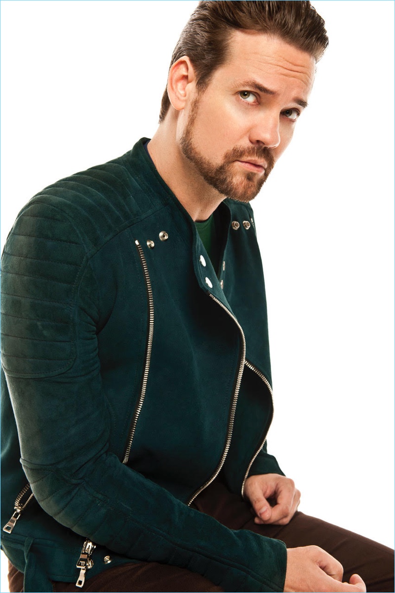 Starring in a new photo shoot, Shane West wears a Balmain moto jacket with a Ports 1961 top.