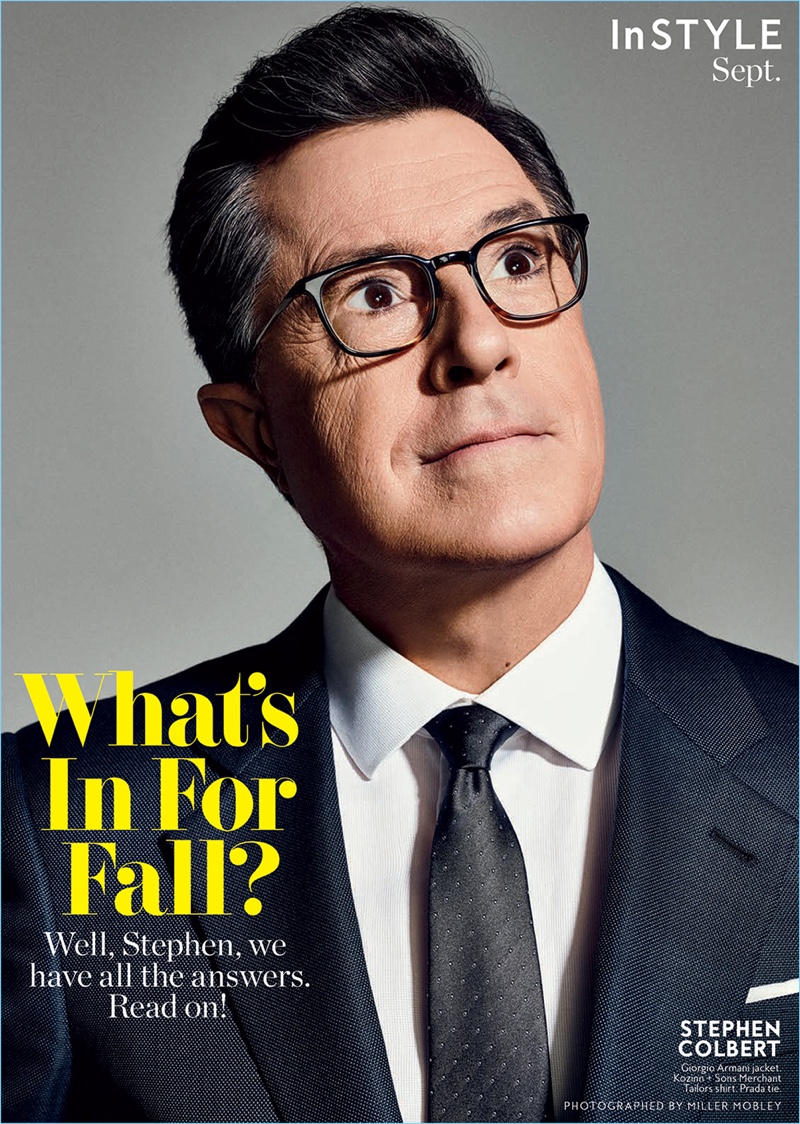 Stephen Colbert wears a Giorgio Armani jacket with a Kozinn + Sons Merchant Tailors shirt and Prada tie.