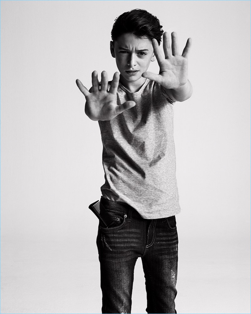 Noah Schnapp wears a Dolce & Gabbana t-shirt with Levi's jeans. » Stranger Things Stars Sport Denim for Nylon Guys Cover Shoot Noah Schnapp wears a Dolce & Gabbana t-shirt with Levi's jeans.