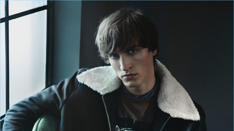 Rocking a shearling collared jacket, Tim Dibble fronts Tiger of Sweden's fall-winter 2017 campaign.