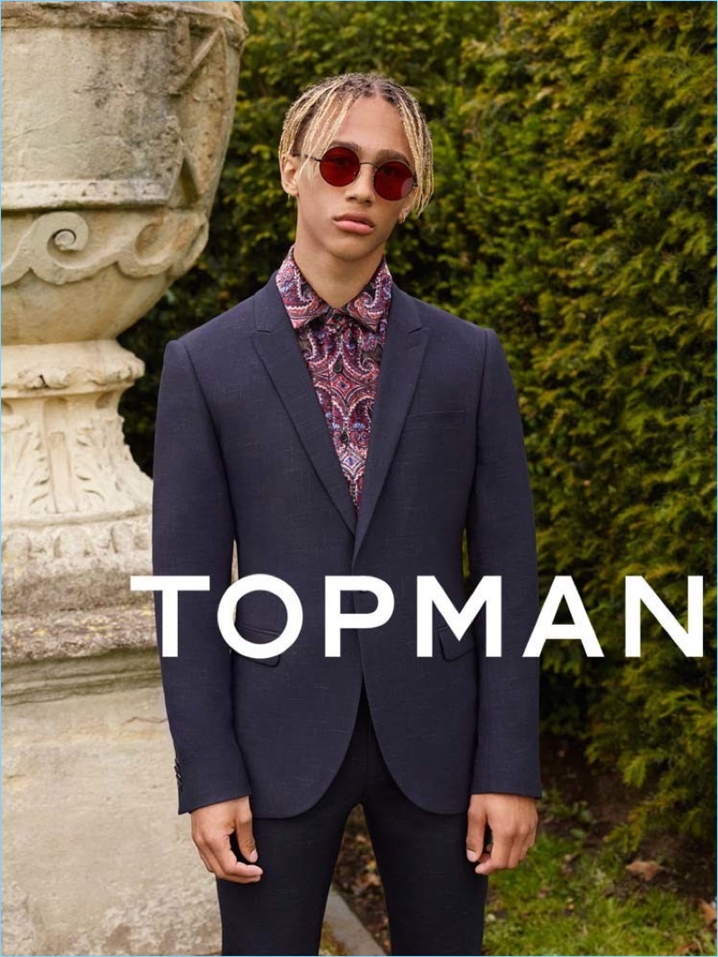 Donning a trim suit and patterned shirt, Nino North fronts Topman's fall-winter 2017 campaign.