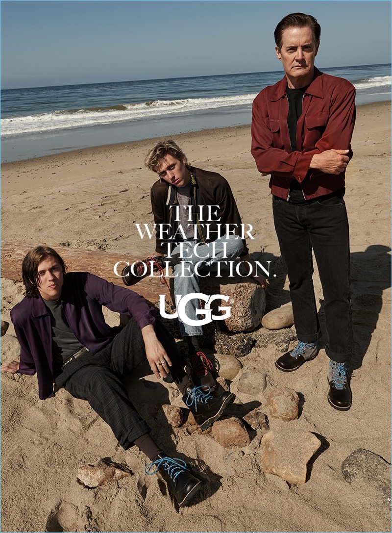 Taking to the beach with Wyatt and Fletcher Shears, Kyle MacLachlan sports UGG's weather tech collection.