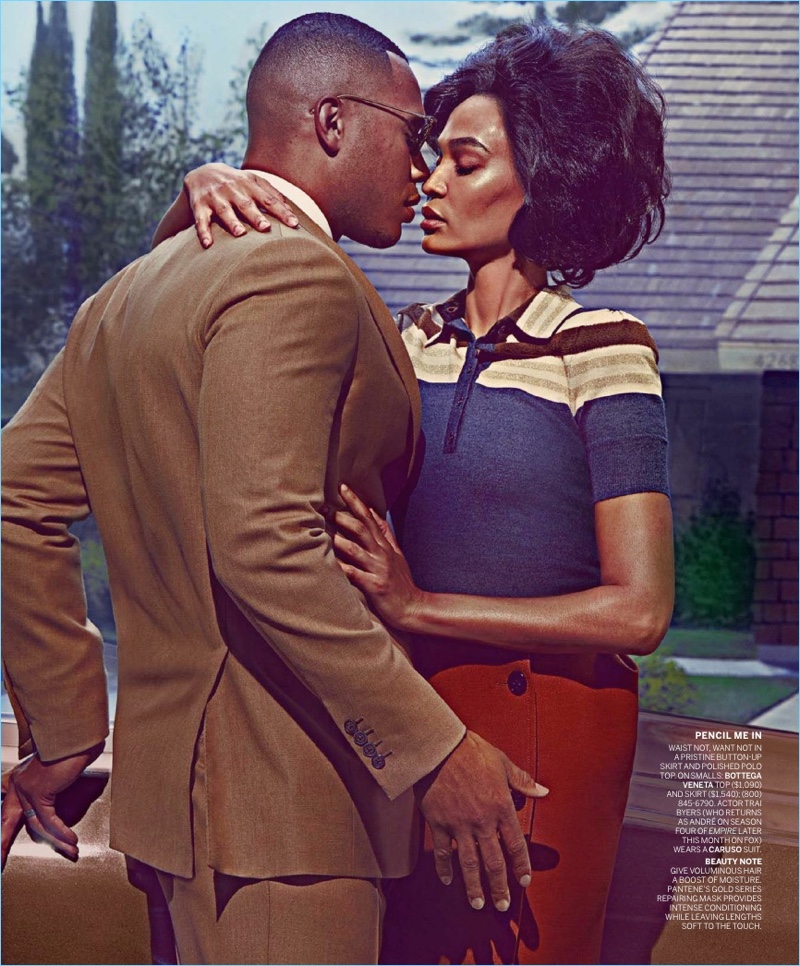 Trai Byers and Joan Smalls embrace for the pages of American Vogue.