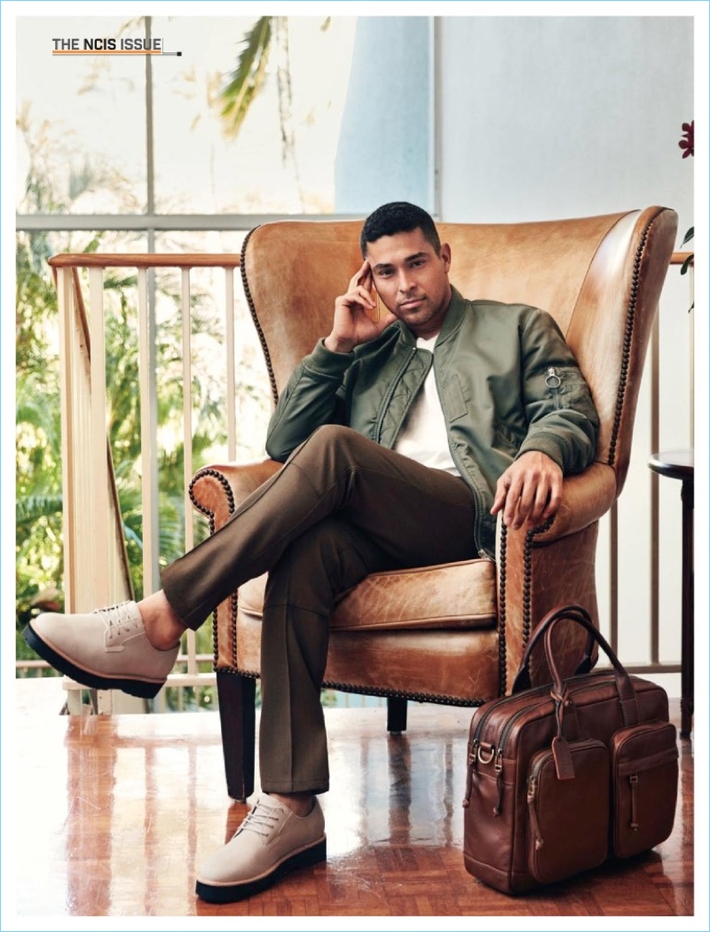 Actor Wilmer Valderrama tackles a sleek look in an AllSaints bomber jacket. Valderrama's ensemble also includes Marc Jacobs trousers and Saturdays NYC shoes.