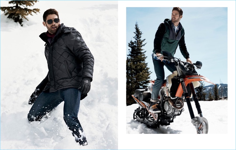 Left: Chad White is a winter vision in Canada Goose, J Brand, and Goodman's. Right: Chad wears Lanvin.