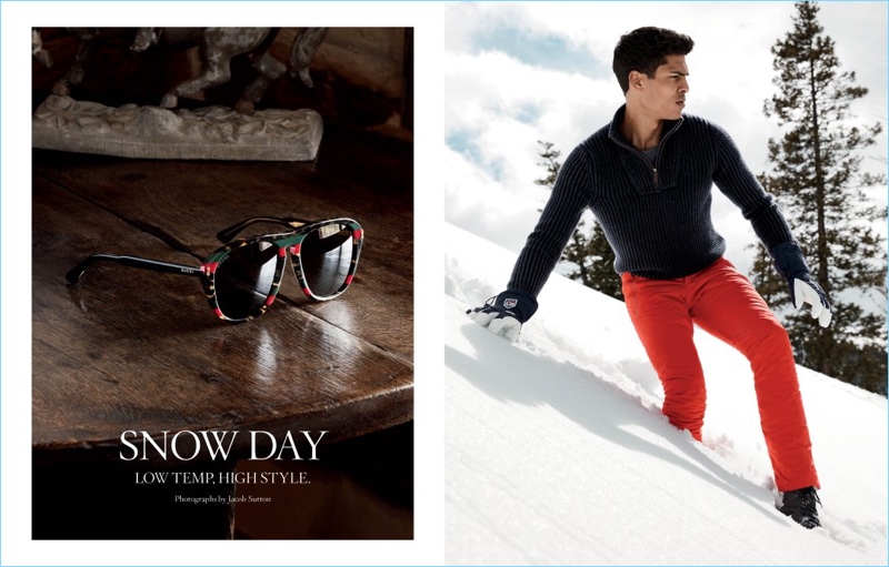 Left: Gucci sunglasses. Right: Taking to the slopes, Geron McKinley wears Iris Von Arnim Uomo, Descente, and Hestra.