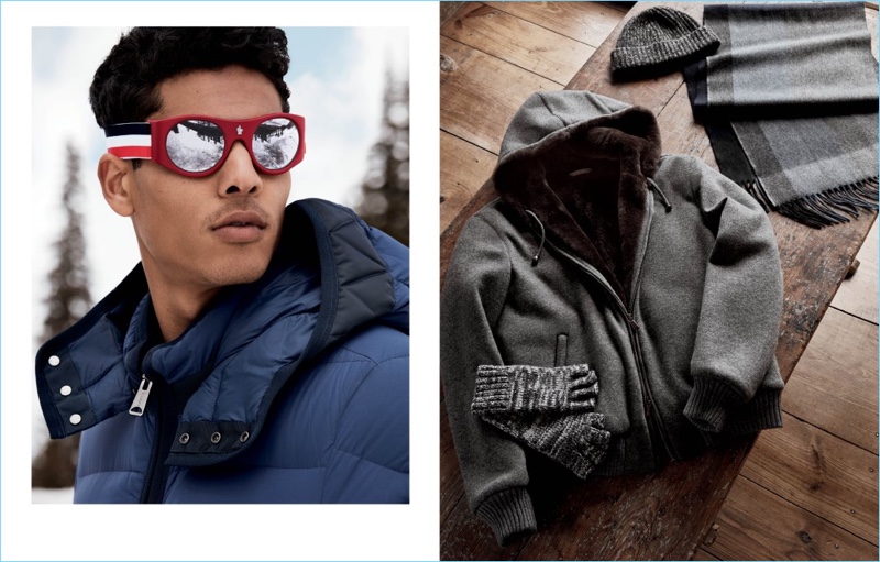 Left: Geron McKinley wears Moncler sunglasses with a down jacket. Right: Winter fashions from Mandelli, Goodman's, and Begg & Co.