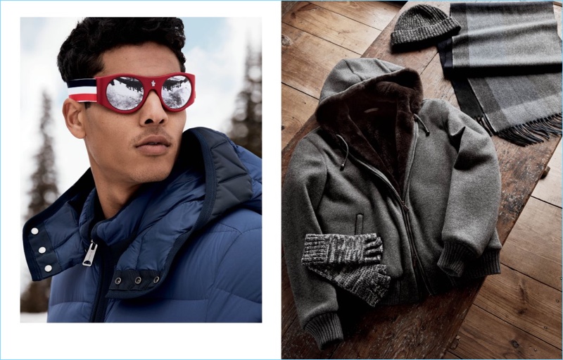 Left: Geron McKinley wears Moncler sunglasses with a down jacket. Right: Winter fashions from Mandelli, Goodman's, and Begg & Co. » Snow Day: Geron McKinley Prepares for Winter with Bergdorf Goodman Left: Geron McKinley wears Moncler sunglasses with a down jacket. Right: Winter fashions from Mandelli, Goodman's, and Begg & Co.