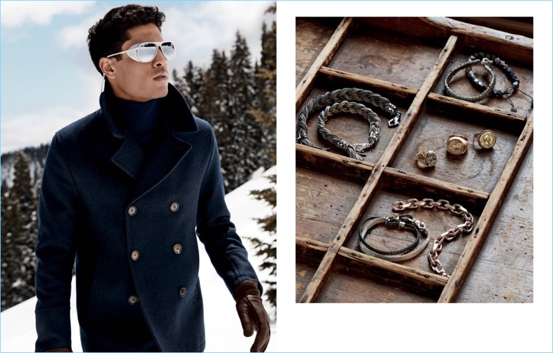 Left: Taking in the winter scene, Geron McKinley wears Sealup, Hestra, and Vuarnet. Right: Jewelry from M. Cohen, Emanuele Bicocchi, Jorge Adeler, and Title of Work.