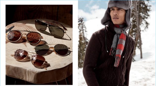 Snow Day: Geron McKinley Prepares for Winter with Bergdorf Goodman Left: Sunglasses from Ray-Ban, Dita, Eyevan 7285, and Garrett Leight: Right: Geron McKinley is a winter vision in Inis Meain, Pologeorgis, and Johnstons of Elgin.